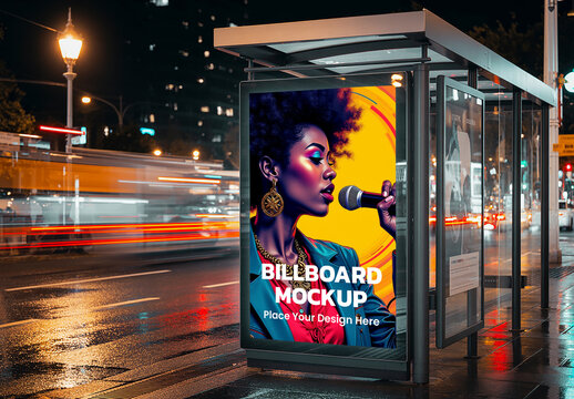 Night Time Bus Stop Mockup for Music Advertising