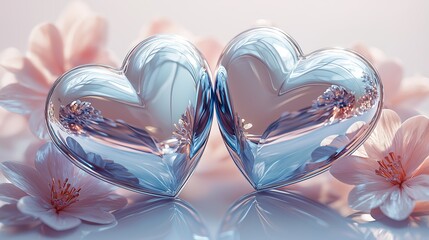 Two Glass Hearts with Pink Flowers Valentine's Day Flat Lay