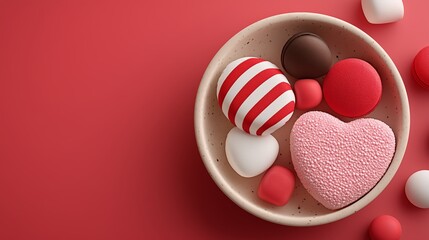 Valentine's Day flat lay gifts and sweets in bowl
