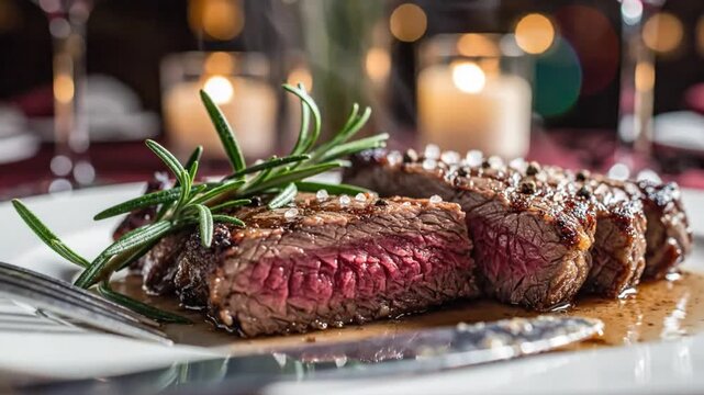 Savory grilled sirloin steak sliced and served medium rare with rosemary garnish and seasoning