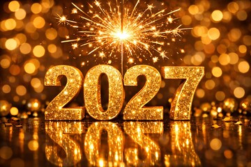 golden 2027 new year celebration with sparkler and bokeh lights shining brightly everywhere high quality professional detailed modern elegant