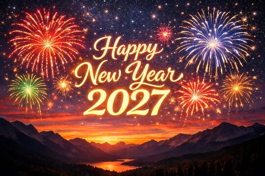 happy new year celebration with colorful fireworks exploding in the night sky over mountains high quality professional detailed modern - Powered by Adobe