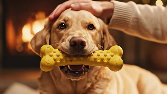 Cozy moment: Yellow labrador dog chews on bone toy while being petted in front of a fireplace during the holidays