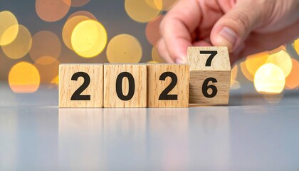 hand placing a wooden block with the number seven on top of the year 2026 blocks high quality professional