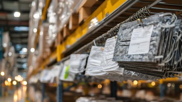 273Organized PPE storage close-up, respirators hanging in assigned slots, clear labels visible, industrial plant environment softly blurred, light reflecting off masks and metal racks