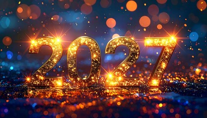 glowing gold numbers twenty twenty seven in a festive light setting with bokeh background high quality professional detailed modern