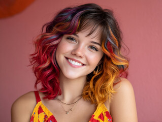 Smiling Woman with Colorful Hair and a Cheerful Expression.