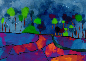 Ilustracja grafika krajobraz zielone drzewa na granatowym tle, kolorowe pola nocna porą, tekstura.   © Monika