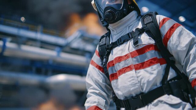 279Close-up macro of fire-resistant suit and SCBA, textured flame-retardant fabric visible, metallic buckles and air cylinders highlighted, blurred industrial pipelines in the backgro