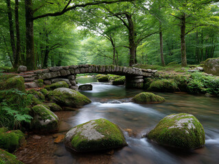 Stone Bridge Spanning a Rushing River in Lush Green Forest.