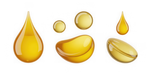  Gold liquid drops of oil or collagen serum isolated 3d render icon set. Yellow fluid cosmetic spheres, vitamin essence or hyaluronic acid bubbles, clear beauty skincare product balls. 3D