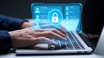 Person typing on laptop with digital padlock icon and user profiles symbolizing cyber security and data protection. - Powered by Adobe