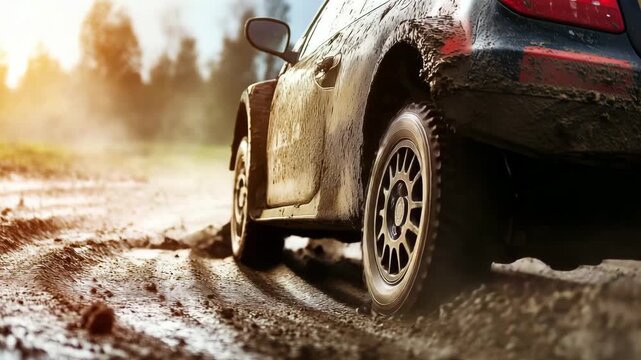 A car drives through muddy ground, splashing mud while navigating a forest area during the late afternoon