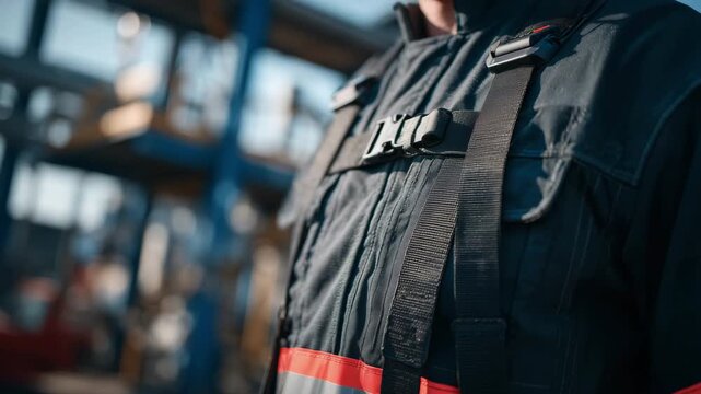 284Macro perspective of firefighting PPE, hoses, straps, and SCBA cylinder close-up, flame-resistant fabric folds visible, industrial plant machinery softly out of focus