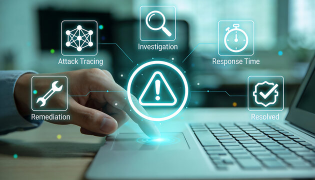 cyber incident response dashboard on laptop with hand interacting with alert interface showing investigation remediation tracing and resolution workflow