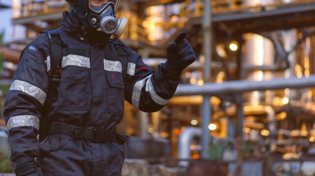 285Close-up of protective suit sleeve and SCBA, metallic regulator and mask details in focus, ambient plant lighting highlighting textures, pipes and valves blurred in background