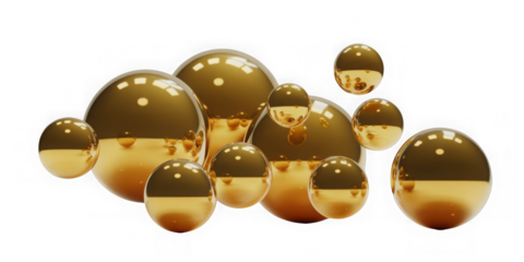  Gold liquid drops of oil or collagen serum isolated 3d render icon set. Yellow fluid cosmetic spheres, vitamin essence or hyaluronic acid bubbles, clear beauty skincare product balls. 3D