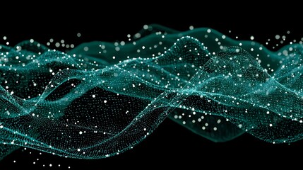 Fototapeta premium Abstract teal digital wave with particles and flowing mesh in a dark background