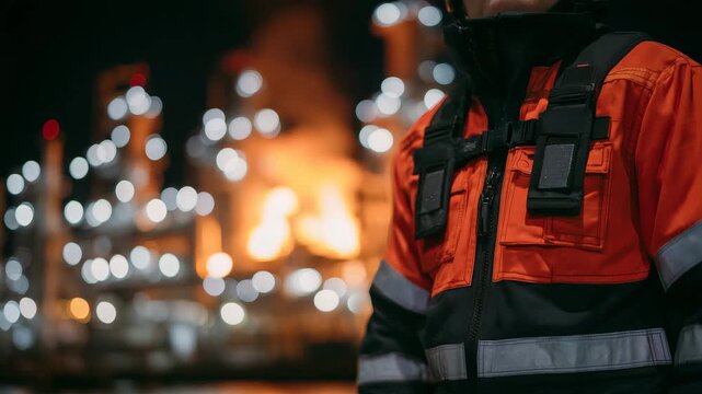 289Artistic macro of firefighting PPE, hoses, straps, and cylinders in sharp focus, flame-resistant suit fabric illuminated, blurred background showing industrial plant ambiance