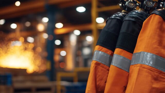 290Close-up of complete firefighting PPE setup, fire-resistant suit and SCBA cylinders arranged neatly, textures and materials highlighted, industrial plant elements softly blurred in