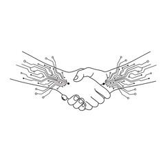 Obraz premium Monochrome graphic of a handshake with digital components and lines symbolizing a secure and advanced technological business alliance