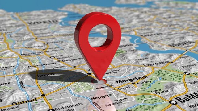 Red location marker detailed city map highlighting roads river park terrain with shadow conveying navigation and direction plus red map pin marking urban location printed city map with roads river