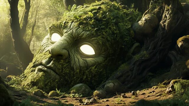 A large stone face covered in moss rests among trees as sunlight filters through the forest, creating a mystical atmosphere