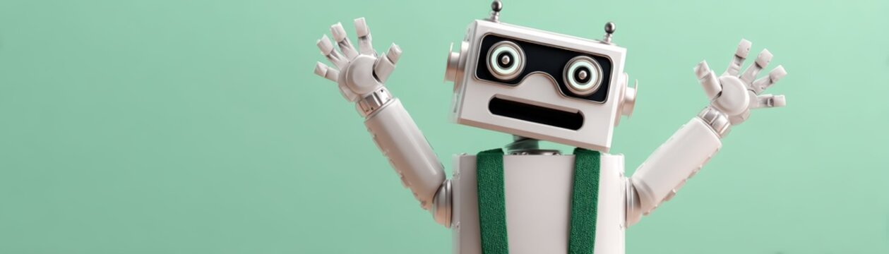 A cheerful, retro-style robot with a green background, raising its arms in a playful pose, embodying a sense of fun and creativity, St. Patrick's robot with space for text