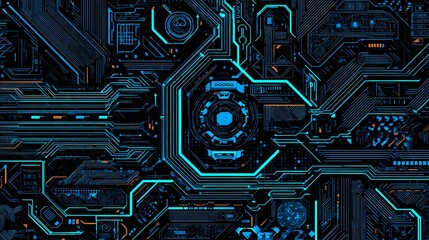Fototapeta premium Close up of blue neon computer circuit board with microchips and intricate circuitry