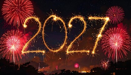 Fireworks display with glowing yellow 2027 numbers in the night sky with red explosions high quality professional detailed modern