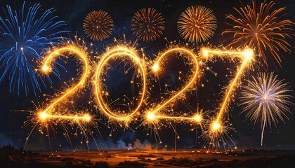 new year celebration with sparkling fireworks display in night sky with 2027 high quality professional detailed modern elegant stylish