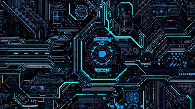 Close up of blue neon computer circuit board with microchips and intricate circuitry