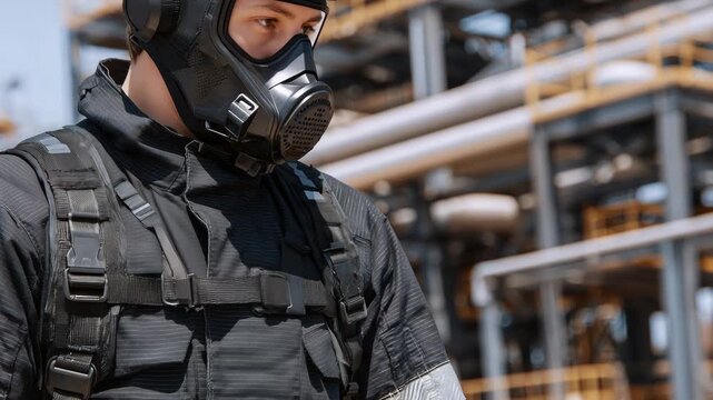 297Cinematic close-up of firefighting gear, rubber, metal, and fabric textures emphasized, SCBA mask and straps in sharp focus, blurred petrochemical plant pipelines behind