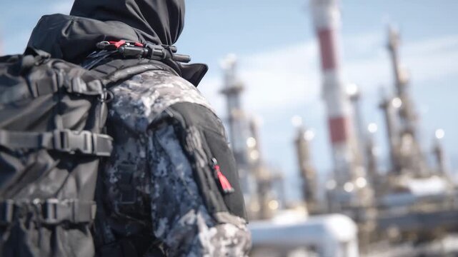 298Extreme close-up of SCBA backpack and suit sleeve, high detail on buckles, straps, and fabric weave, blurred petrochemical plant machinery providing contextual depth