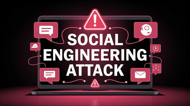 Social Engineering Attack: An artistic visual representation highlighting the risks of social engineering attacks, presenting a laptop interface surrounded by ominous symbols and alerts.