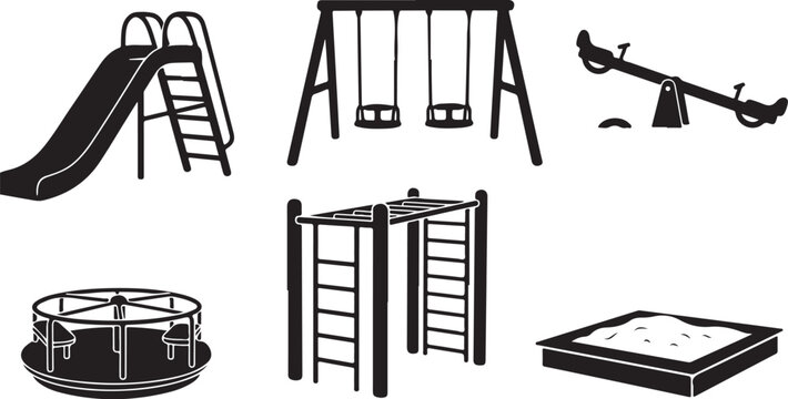 Playground equipment for kids in black and white icons