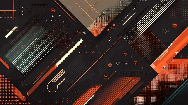 Abstract geometric technology composition with diagonal orange and black shapes and lines