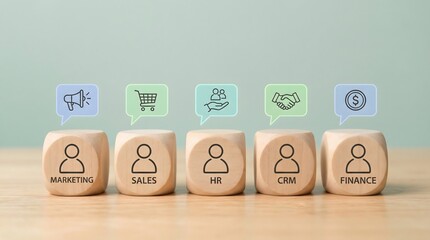 business concepts blocks with icons on wooden cubes