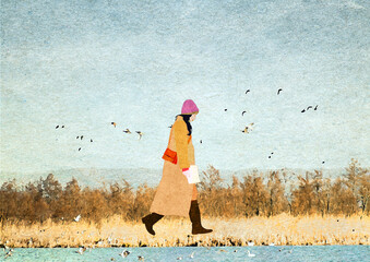 Ilustracja młoda kobieta w płaszczu spacerująca nad brzegiem rzeki w otoczeniu ptaków. © Monika