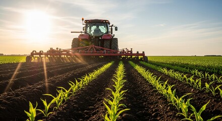 Tractor plowing field with young corn plants at sunrise