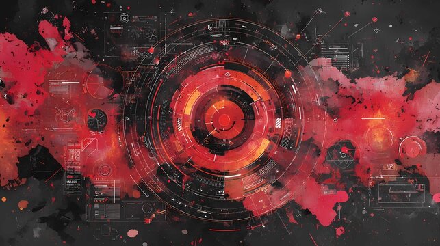 Futuristic circular HUD interface with neon red rings and smoky energy cloud