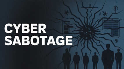 Cyber Sabotage: Depicting an atmosphere of technological disruption, this image is a visual representation of cyber sabotage. A network of digital chaos threatening the silhouette of people.