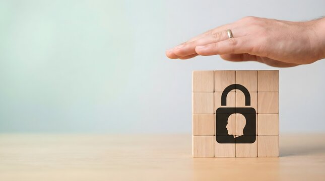 Data protection and security concept with hand shielding wooden block with lock - Powered by Adobe
