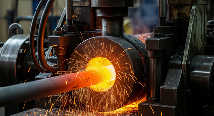 Rod drawing process shows thick metal rod moving through die opening with sparks flying and machinery in operation