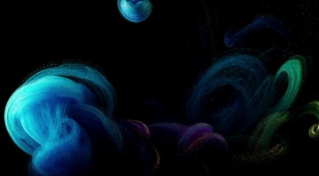 Abstract Glitter Ink Swirl. Dynamic Blue, Cyan, Purple, and Green Fluid Mixing on Black. 4k video slow motion 