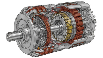 Detailed electric motor cutaway isolated on transparent background