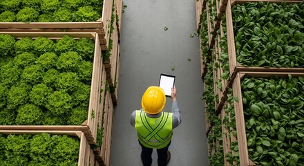 Worker inspecting leafy greens in indoor farm with digital tablet