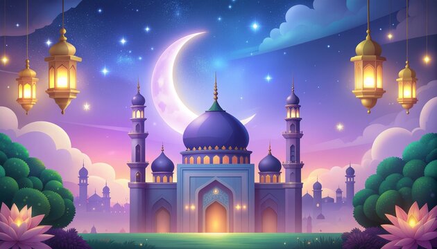 template ramadhan night view of mosque
