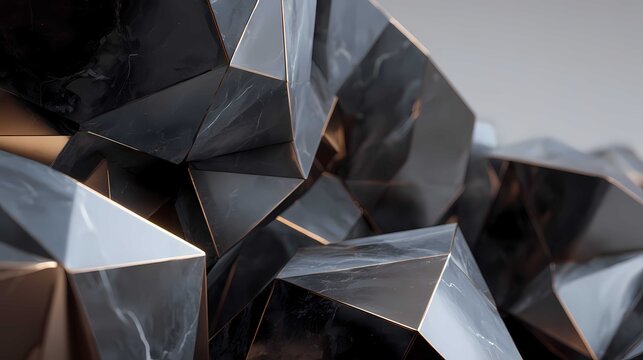 Close-up of dark faceted metal shapes with angular surfaces