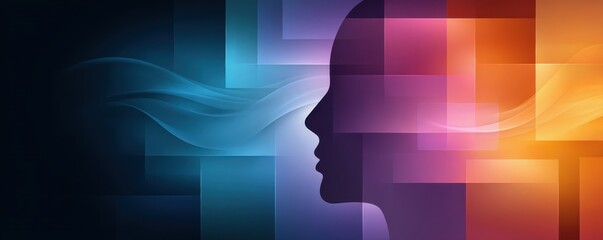 A stylized silhouette of a profile against colorful, abstract backgrounds, conveying a sense of thought and creativity.